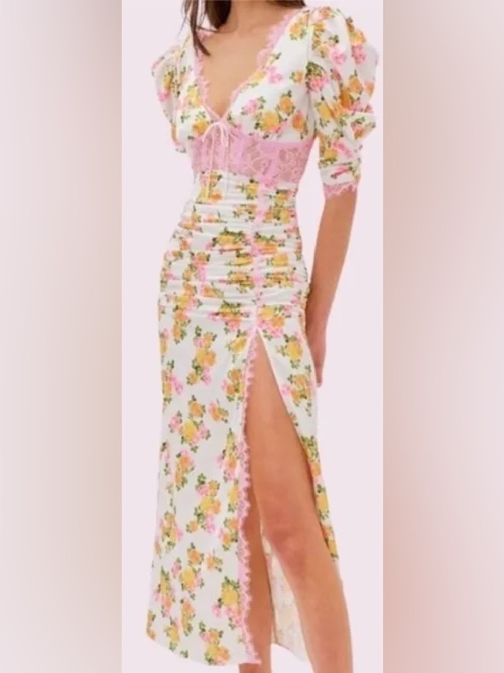 For Love & Lemons White Floral Midi Dress with Pink & Yellow Print